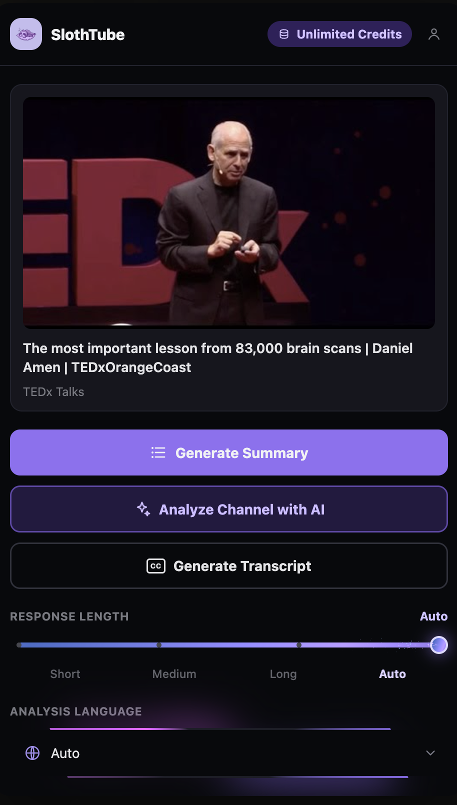 SlothTube side panel showing transcript, summary and AI chat tabs for a YouTube video
